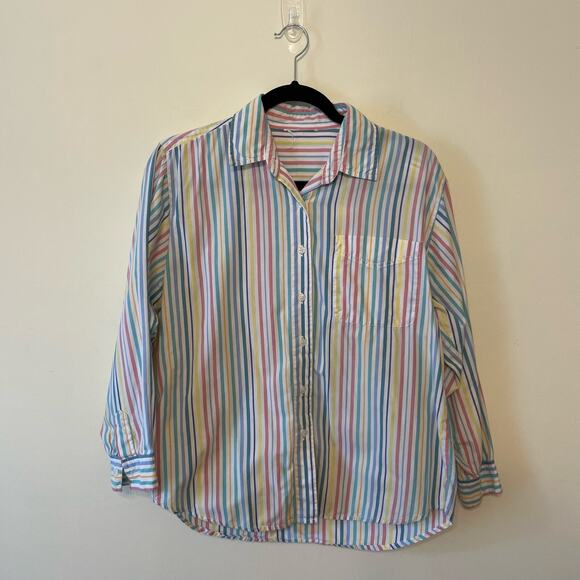 Vintage L long sleeve button down blouse stripe Barbie top pastel business pink - Picture 1 of 7